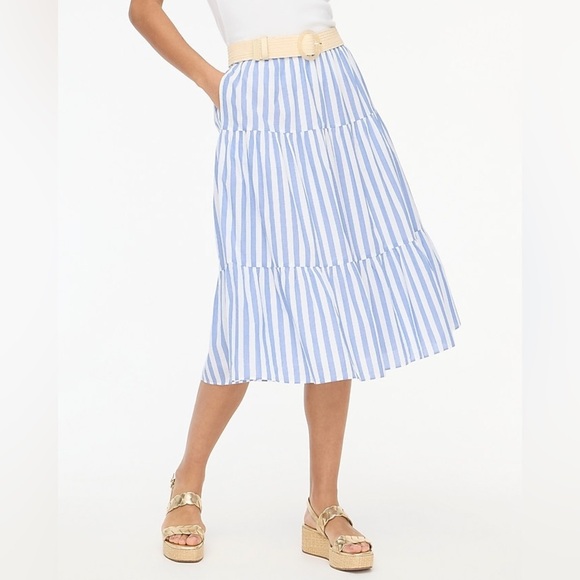 J. Crew Tiered Midi Skirt Striped Blue and White Cotton Size Small - Picture 2 of 8